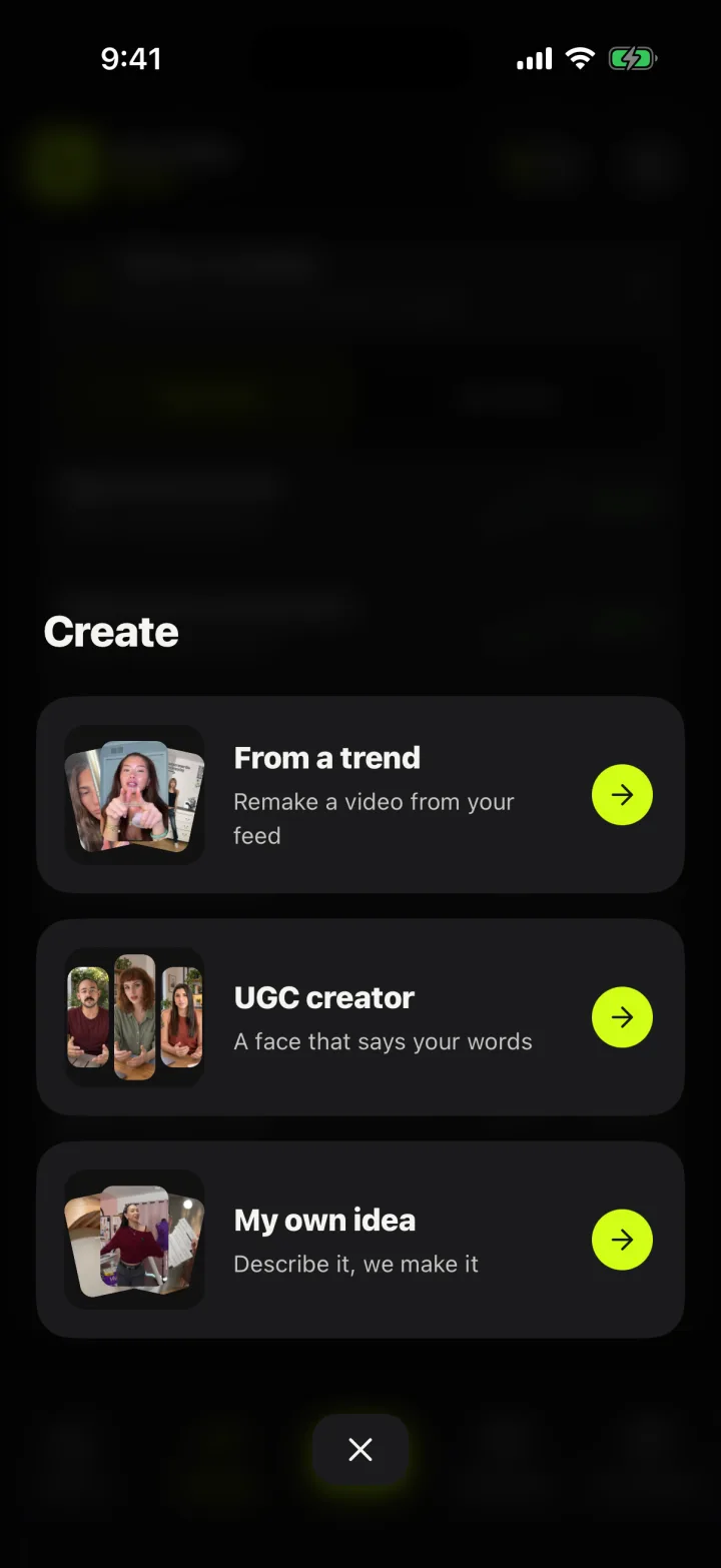 Create menu with three options: from a trend, UGC creator, or my own idea