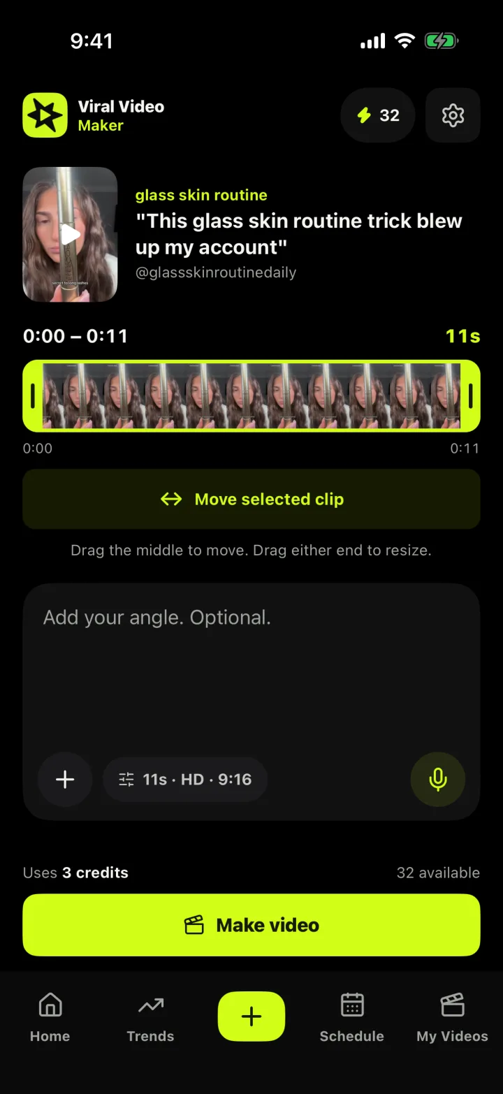 Remake screen with a trending video, a range slider to pick the clip to remake, an optional angle field and the credit cost before making the video