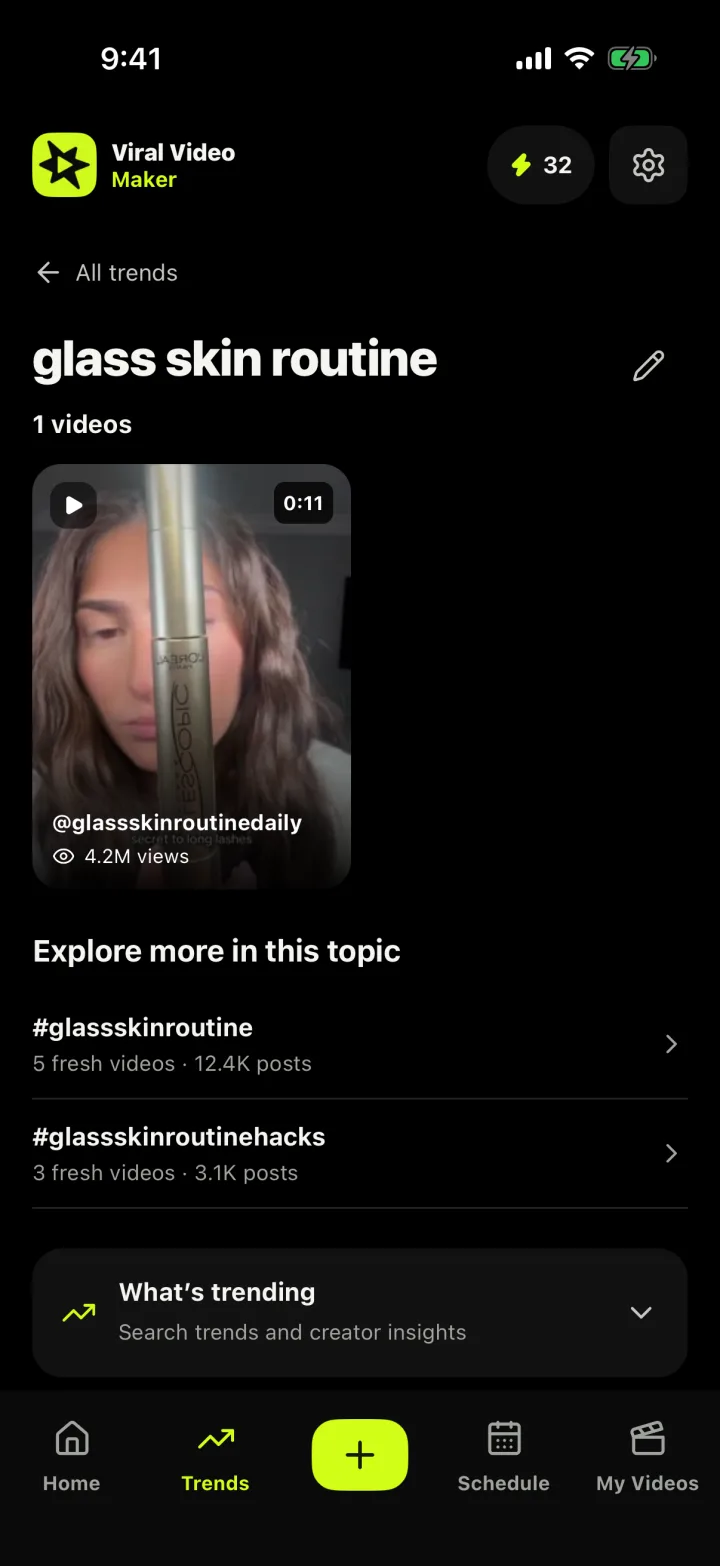 Viral Video Maker trend screen for a followed topic, showing a trending video with its view count and related hashtags with fresh videos and post counts