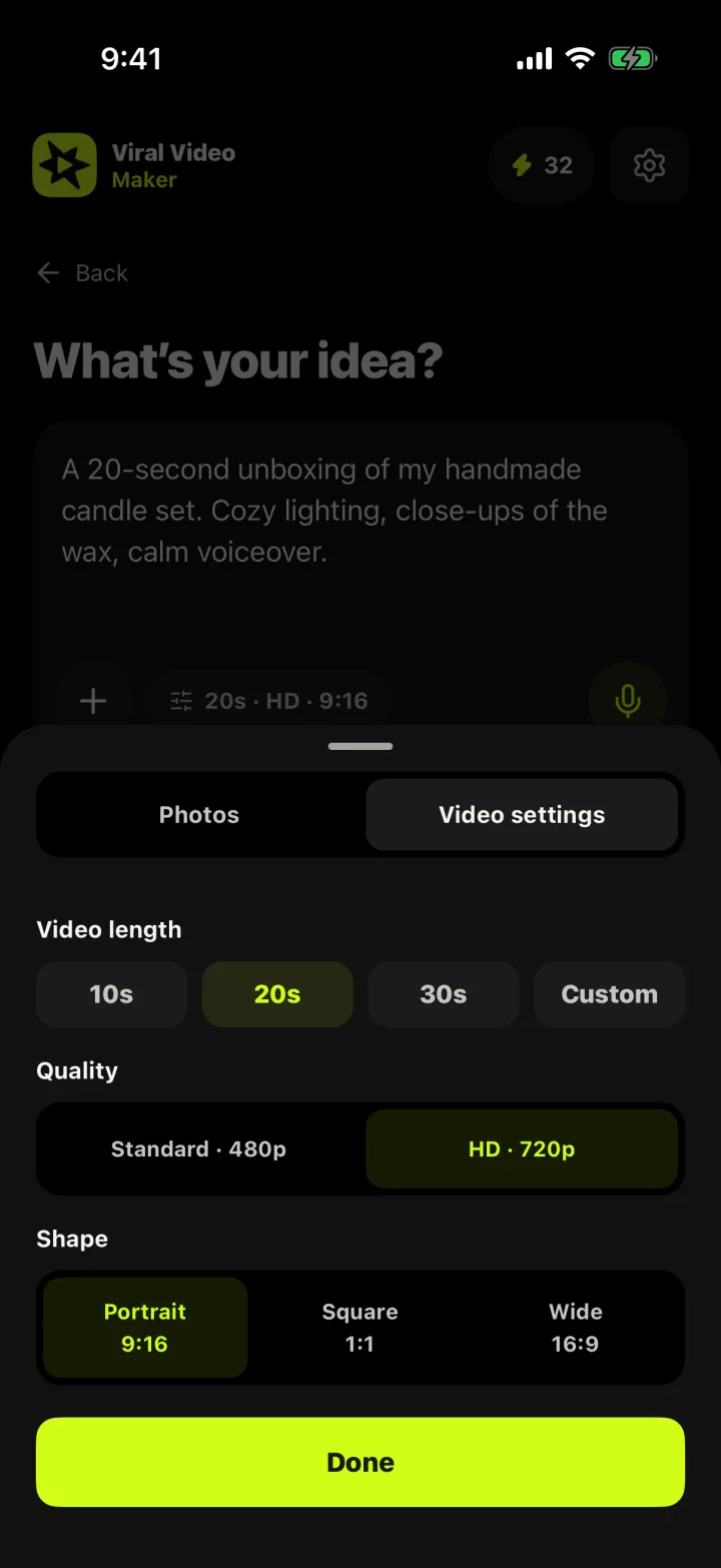 Video settings sheet with length 10, 20, 30 seconds or custom, 480p or 720p quality, and portrait, square or wide shape